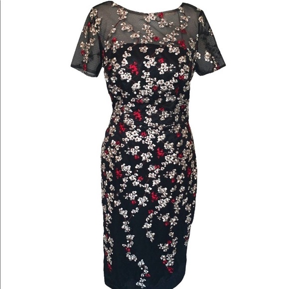 NWT David Meister Falling Petal Floral Embroidered Sheath Mini Dress Black Multi - Picture 2 of 8